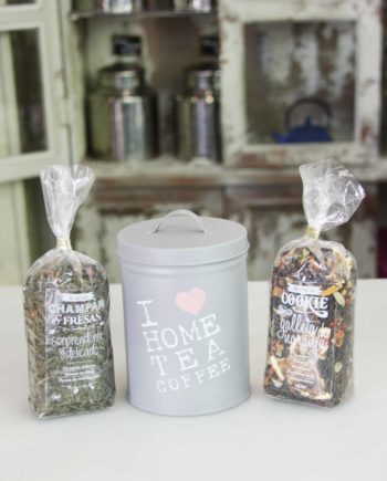 Lata de metal gris "I love Home, Tea, coffee"